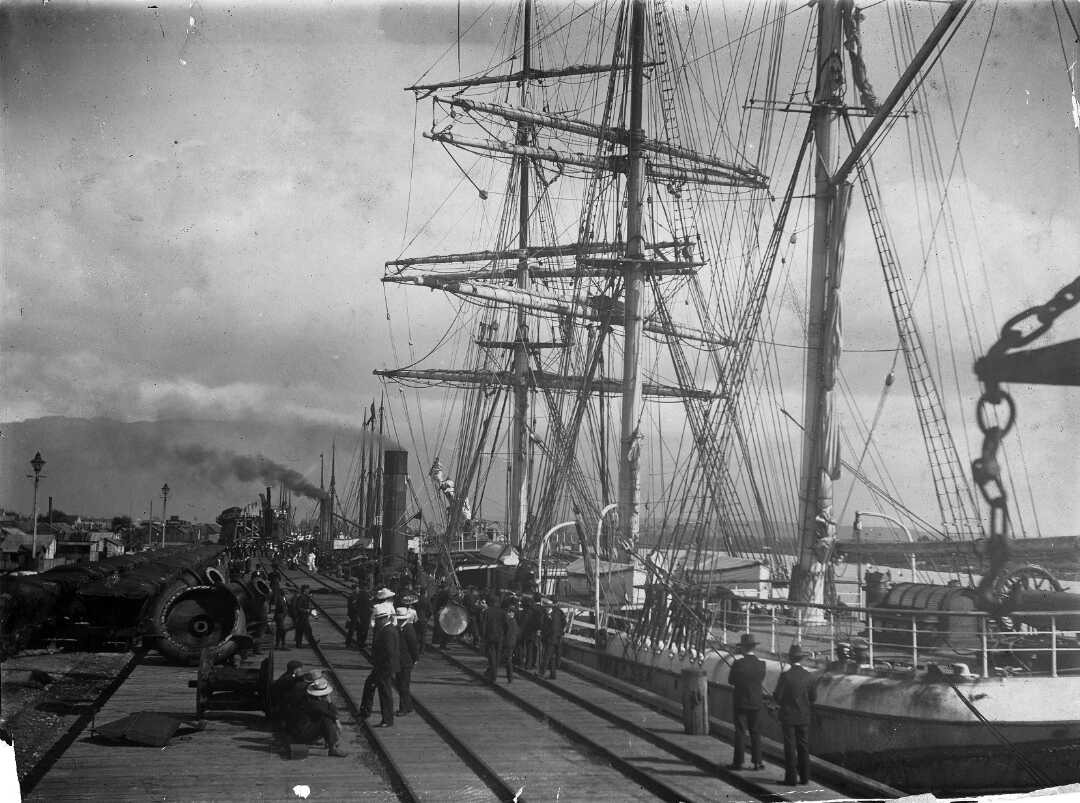 Historic picture of large ship in port